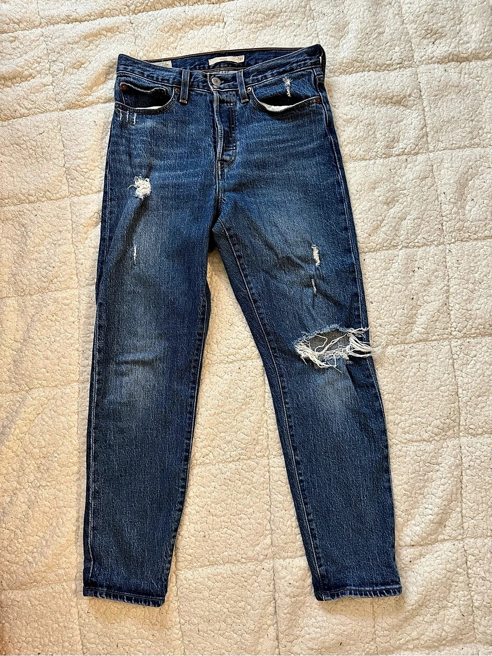 Wedgie Distressed Straight Leg Jeans in Blue Waist 27